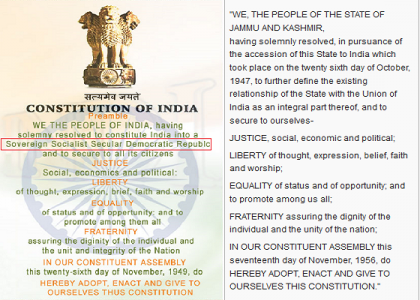 Preamble of constitution of India and Jammu and Kashmir. It is easily noted that the word "SECULAR" is missing.
