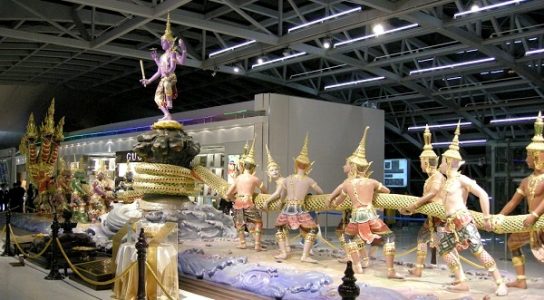 Samudra Manthan, that lead to celebration of Kumbh Mela. Image taken at Bangkok Airport. Image Source: Wikipedia.org 