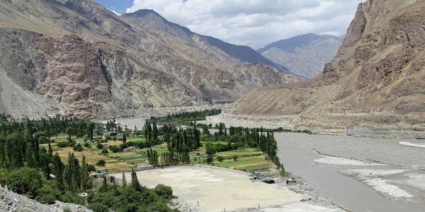 View to Shyok River from one of the Gompa in Turtuk. The peaks visible in image lies in Pakistan