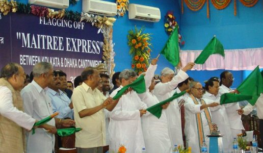 The Union Minister of External Affairs, Shri Pranab Mukherjee flagged off the first international bi-weekly passenger train Maitree Express between Kolkata and Dhaka Cantonment, in Kolkata on April 14, 2008.