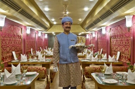 Interior of Royla Rajasthan on Wheels. It has 2 dinning cars which are named as Swarn Mahal and Sheesh Mahal.