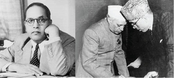 Left: Dr. Ambedkar denied drafting a separate constitution for J&K. Right: Nehru and Sheikh signing the article. 