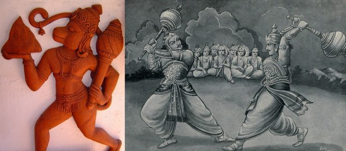 Left: Image of Lord Hanuman Holding Gada. Right: A scene from Mahabharata War where Bhima and Duryodhana are fighting "Gada Yuddha"