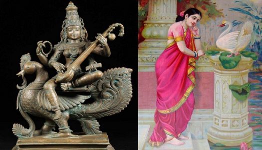 Left: Goddess Saraswati sitting on Swan. Right: Princess Damyanti sending his love message via Swan. 