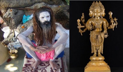 Left: A saint with Kamandal in his hermit. Right: Idol of Lord Bhrama holding Kamandal in one of his hand
