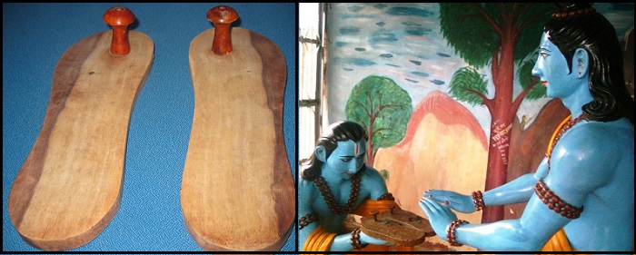Left: Image of Paduka. Right: Bharat taking Paduka of Lord Sri Rama.