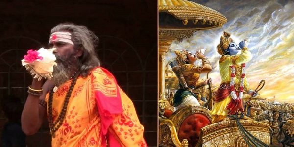 Left: A Hindu Saint blowing Shankha. Right: Lord Krishna blowing Shankha during Mahabharata War 