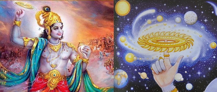Left: Lord Krishna holding Sudarshan Chakra. Right: Image of Sudarshan Chakra
