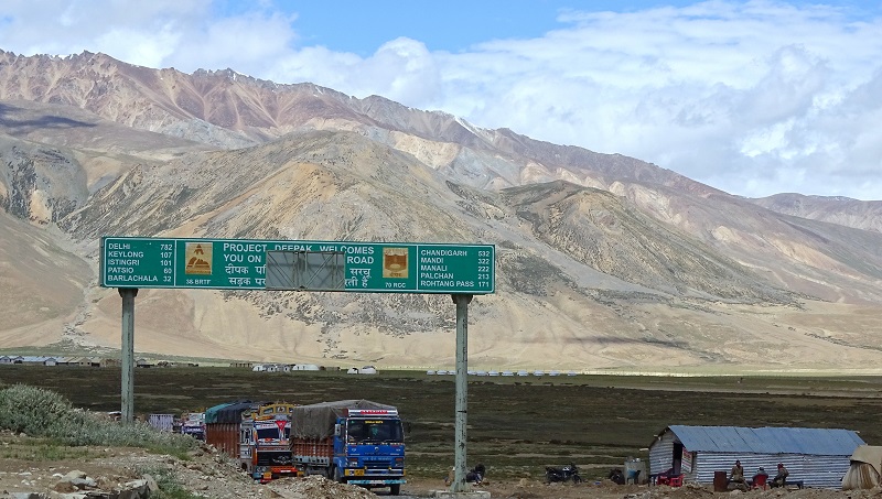 Signboard at Sarchu on Leh-Manali Highway. Sarchu lies on border of Jammu & Kashmir and Himachal Pradesh