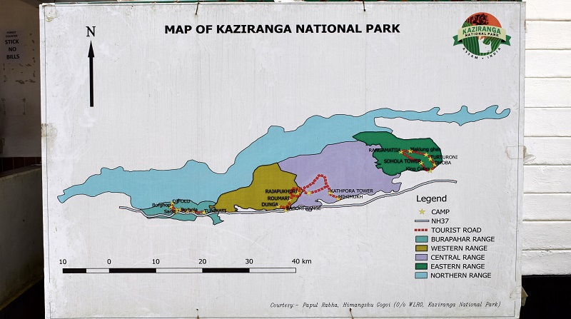 Map of Kaziranga National Park Showing All the Five Ranges